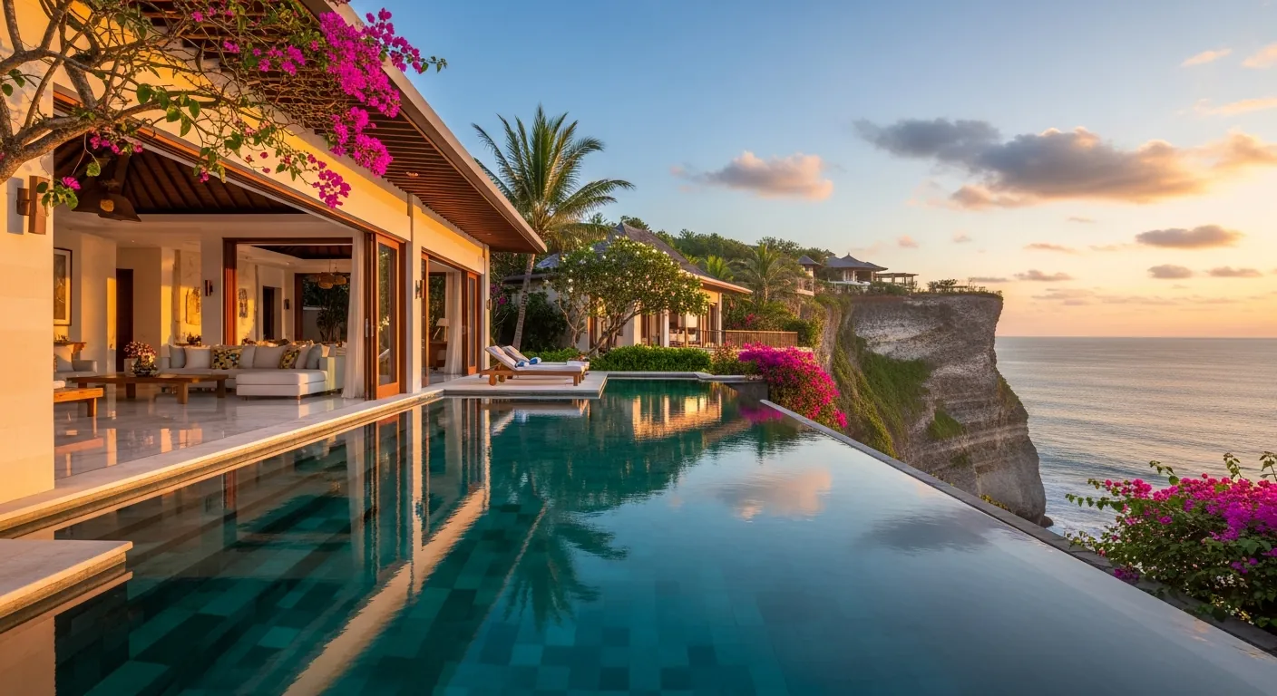 Clifftop luxury villa in Uluwatu Bali at sunset